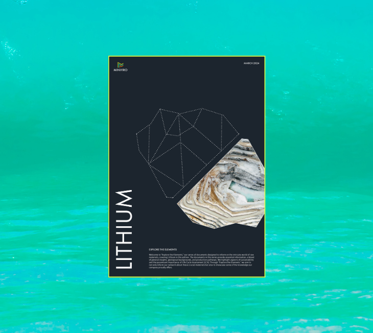 The image features a vibrant turquoise backdrop with a black sidebar detailing Minviro's logo and date, and a large visual focus on the word "LITHIUM," accompanied by a description of their "Explore the Elements" document series and an overlaid geometric pattern showcasing a lithium mineral photograph.