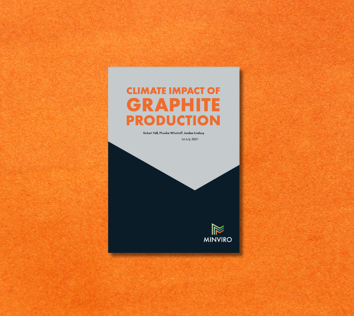 Cover of the 'Climate Impact of Graphite Production' report by Minviro, dated June 2021, featuring a two-tone design with the title in uppercase letters, authors' names Robert Pell, Phoebe Whattoff, Jordan Lindsay, and the Minviro logo at the bottom.