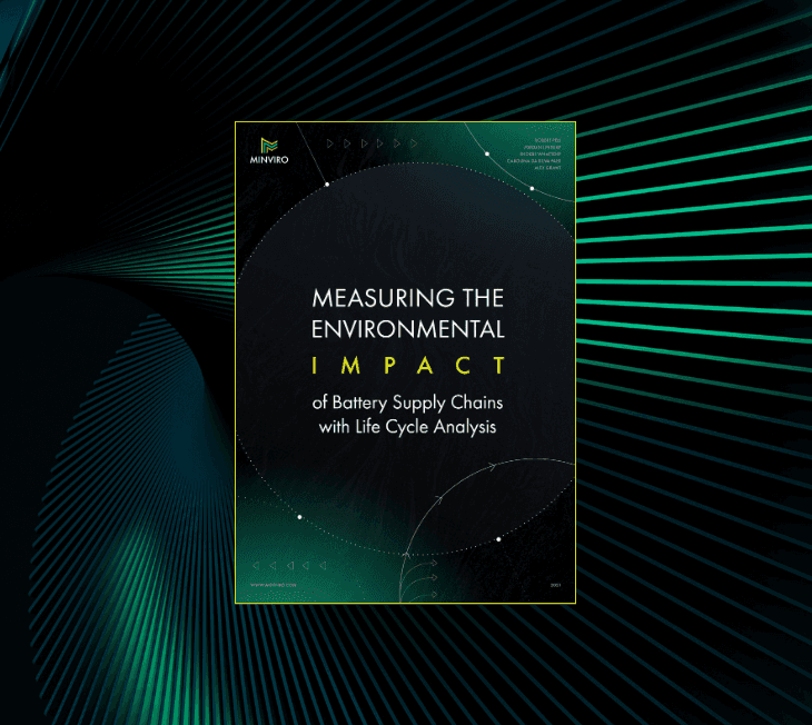 Black and dark green white paper cover, titles "Measuring the environmental impact of battery supply chains with life cycle analysis". Minviro logo in top left corner.