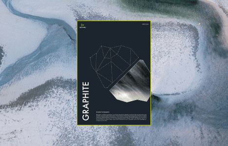 Cover image of Minviro's 'Explore the Elements' guide on graphite, featuring a geometric illustration and a photograph of graphite with a background of abstract textured design.