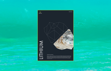 The image features a vibrant turquoise backdrop with a black sidebar detailing Minviro's logo and date, and a large visual focus on the word "LITHIUM," accompanied by a description of their "Explore the Elements" document series and an overlaid geometric pattern showcasing a lithium mineral photograph.