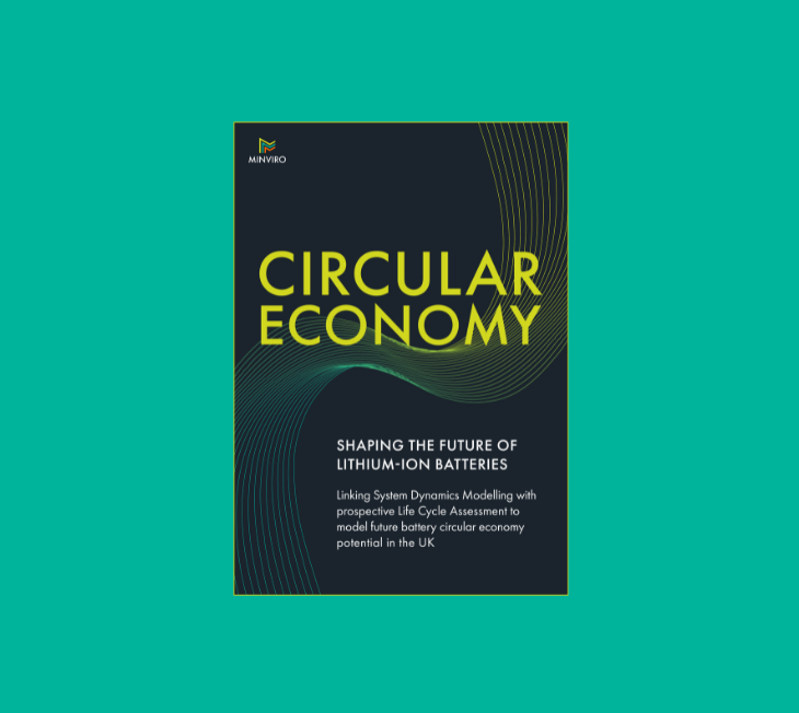 Cover of a report titled 'CIRCULAR ECONOMY - SHAPING THE FUTURE OF LITHIUM-ION BATTERIES'. Below the title, it reads 'Linking System Dynamics Modelling with prospective Life Cycle Assessment to model raw battery circular economy potential in the UK'. The background has abstract green and yellow lines forming waves, with the publisher's logo, MINVIRO, at the top.