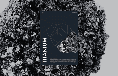 The cover of the 'Explore the Elements: Titanium' guide, featuring a close-up of raw titanium ore in a silvery-grey, crystalline form. The graphic includes geometric design elements to symbolise the structure of Titanium, emphasising the mineral's natural beauty and complexity.