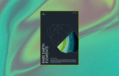 Minviro's 'RARE EARTH ELEMENTS' poster, January 2024, with a crystalline structure and a section of colorful banded minerals. It highlights a series on the elements' impacts and applications.