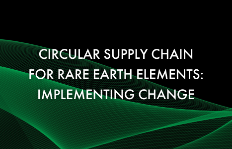 Graphic with text overlay reading 'Circular Supply Chain for Rare Earth Elements: Implementing Change' set against a green, wave-like abstract background.