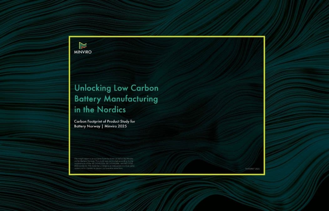Front cover of the Minviro insight report ‘Unlocking Low Carbon Battery Manufacturing in the Nordics’, showing title text in yellow on a dark green wavy background.