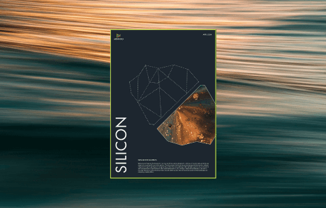 Promotional poster for the 'Explore the Elements: Silicon' series. The poster features a dark background with a vibrant abstract illustration of a silicon crystal structure overlaid on an image of an electronic circuit board. Text on the poster includes the word 'SILICON' in large, bold letters and additional details about the content of the series, set against a backdrop of a dynamic, blurred motion effect that suggests speed and innovation.