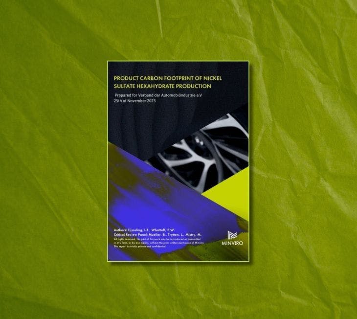 Report cover on Nickel Sulfate Hexahydrate Carbon Footprint for VDA, dated 25th November 2023, by Minviro