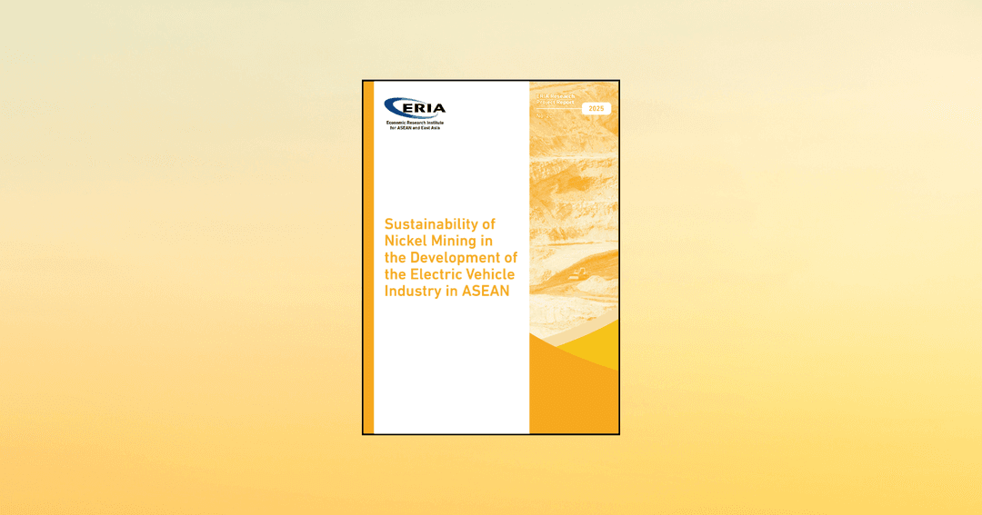 Cover of the white paper titled “Sustainability of Nickel Mining in the Development of the Electric Vehicle Industry in ASEAN” by ERIA and Minviro, featuring a yellow and white design with a mining landscape background.