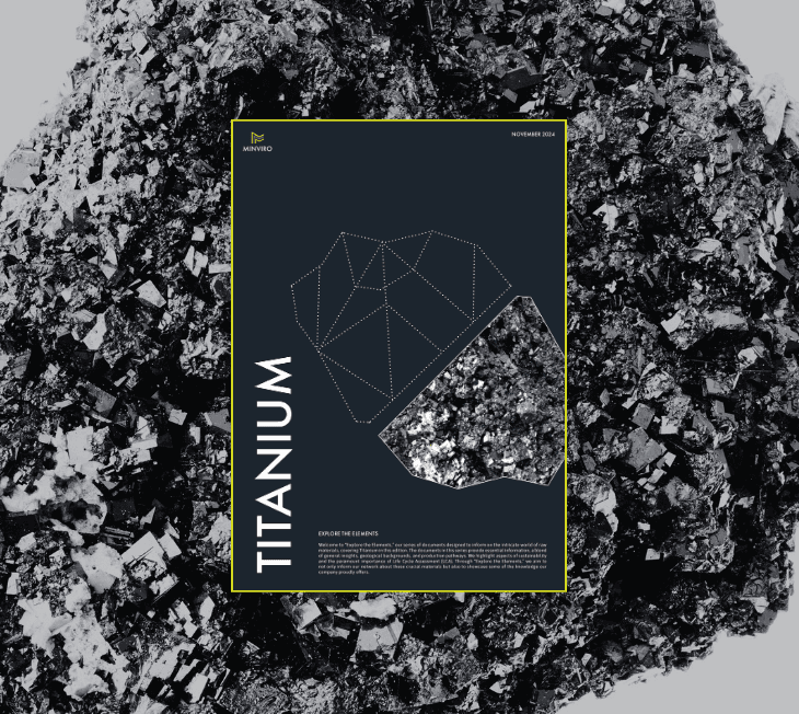 The cover of the 'Explore the Elements: Titanium' guide, featuring a close-up of raw titanium ore in a silvery-grey, crystalline form. The graphic includes geometric design elements to symbolise the structure of Titanium, emphasising the mineral's natural beauty and complexity.